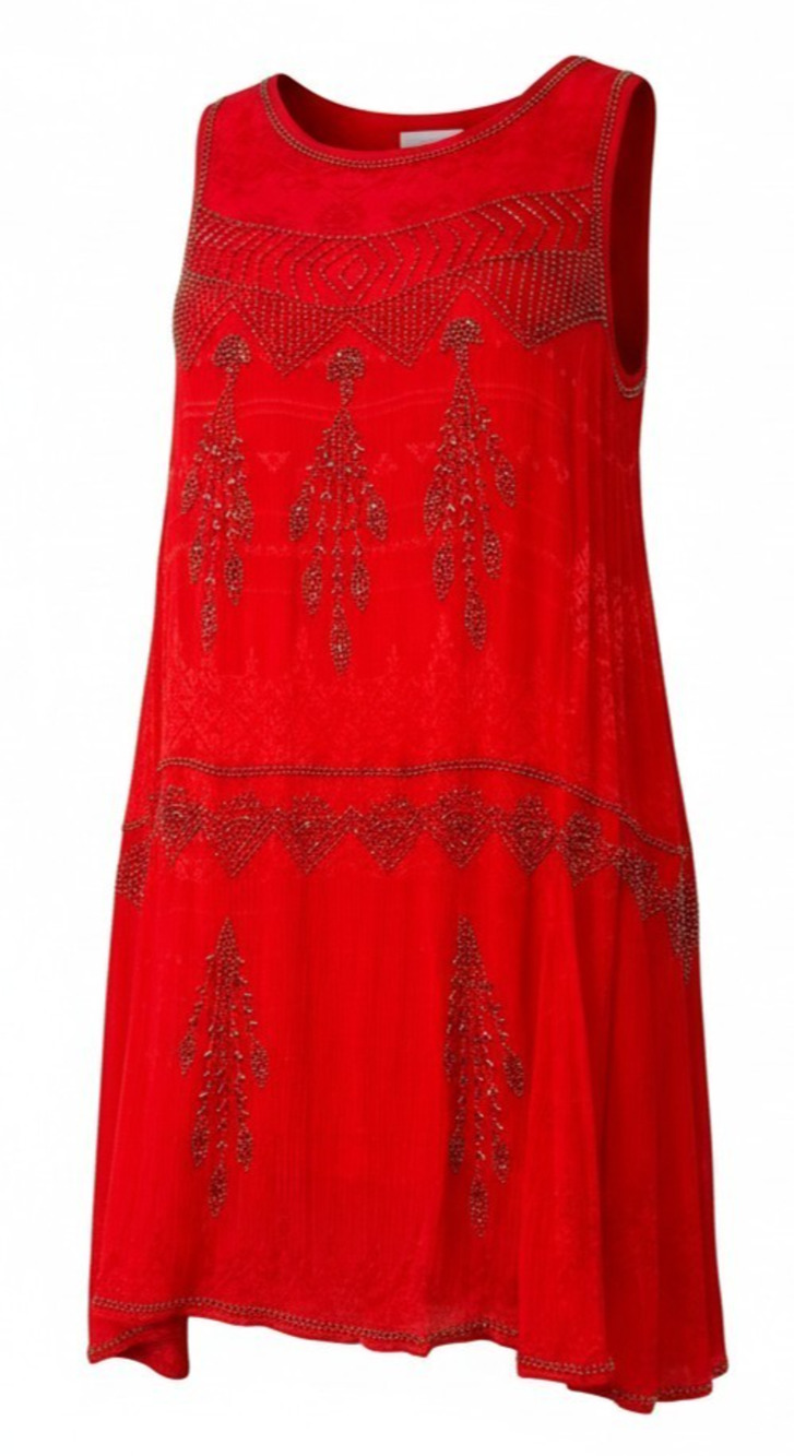 Free People Delilah Beaded Mini Dress L Red Flowy Boho Back Keyhole Cutout